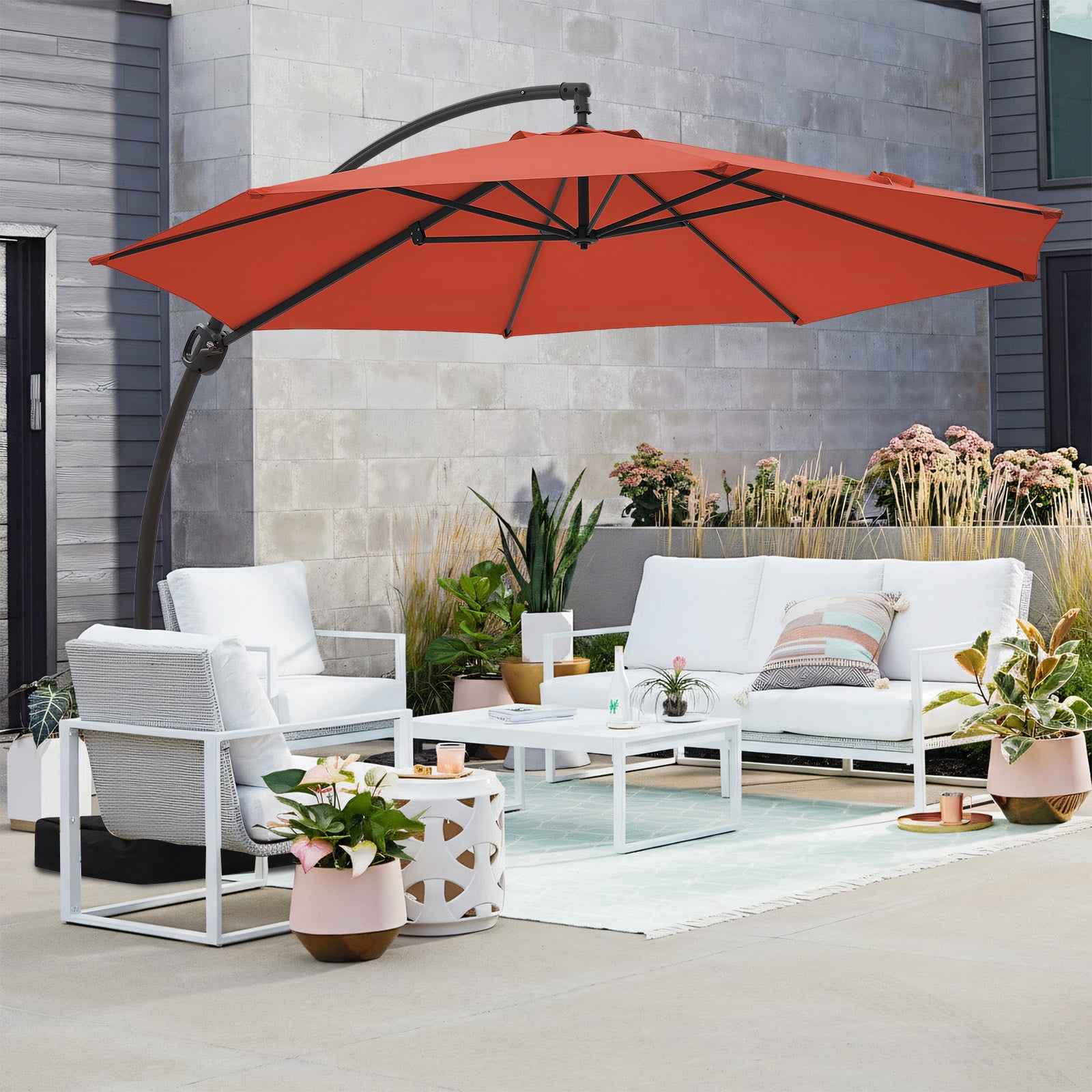 JUSTLET 10ft Curvy Cantilever Offset Hanging Market Patio Umbrella with Base, Orange