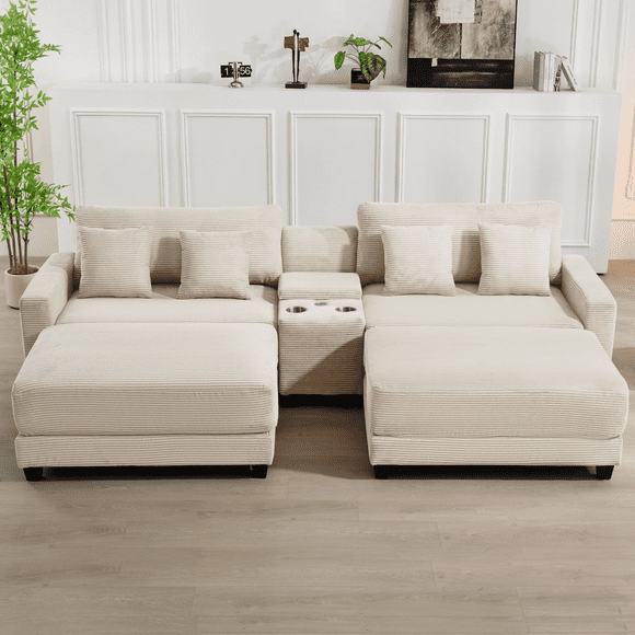 JUSTLET 111.8" Sectional Sofa with 2 Ottomans, U-Shaped Modern Modular Couch, Oversized Corduroy 4 Seat Sofa with Storage Box, USB & TYPE C Port and Two Cup Holders for Living Room, Beige