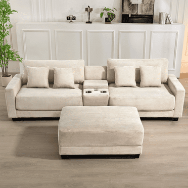 JUSTLET 111.8" Sectional Sofa with Ottoman, L-Shaped Modern Modular Couch, Oversized Corduroy 4 Seat Sofa with Storage Box, USB & TYPE C Port and Two Cup Holders for Living Room, Beige