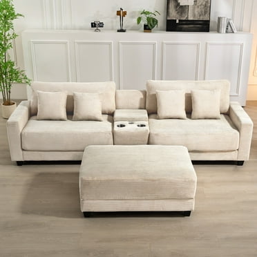 JUSTLET 111.8" Sectional Sofa with Ottoman, L-Shaped Modern Modular Couch, Oversized Corduroy 4 Seat Sofa with Storage Box, USB & TYPE C Port and Two Cup Holders for Living Room, Beige
