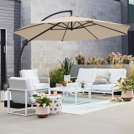 JUSTLET 11ft Curvy Cantilever Offset Hanging Market Patio Umbrella with Base, Beige