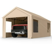 JUSTLET 12 x 20 ft Heavy Duty Steel Car Carport Canopy Tents with Window for Outside Party, Beige
