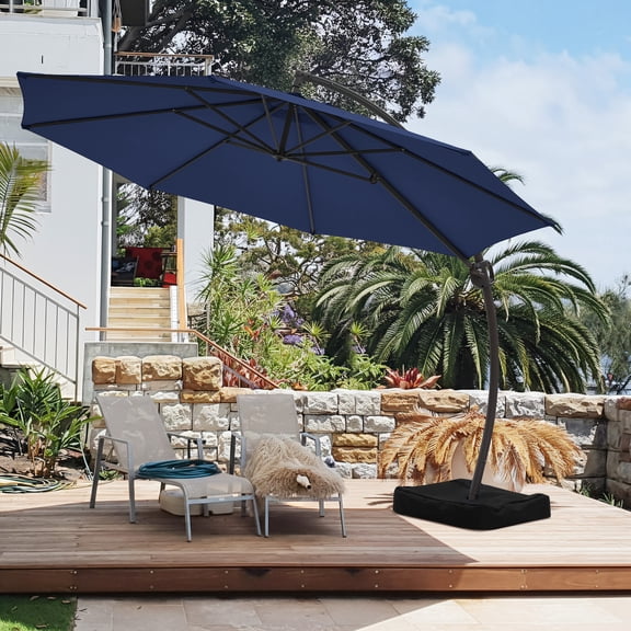 JUSTLET 12ft Curvy Cantilever Offset Hanging Market Patio Umbrella with Base, Navy