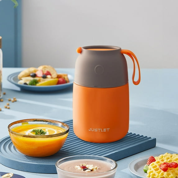 JUSTLET 17 oz Insulated Stainless Steel Food Jar, Thermos W/ Folding Spoon and Cup, Orange
