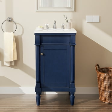 JUSTLET 19" Bathroom Vanity with Ceramic Sink, Wooden Single Door Bathroom Storage Vanity, Bathroom Cabinet, Blue