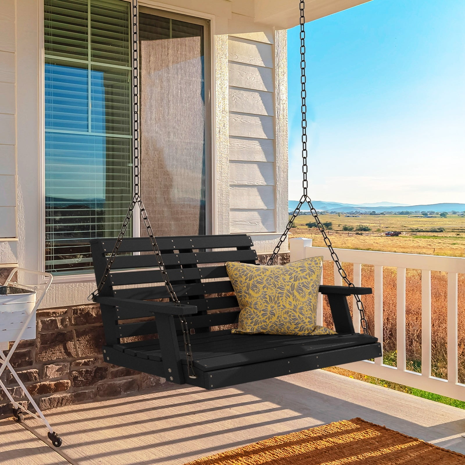 JUSTLET 2 3 Person Outdoor Plastic Porch Swing Bench Chair W Cup Holder Black
