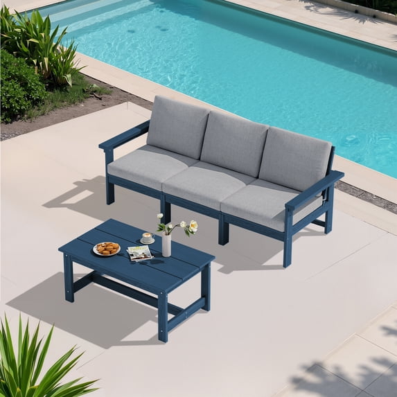 JUSTLET 2 Pieces HDPE Patio Furniture Set, Outdoor Patio Conversation Sets with Thick Cushion, 3-Seater Couch, 1 Coffee Table for Balcony, Backyard, Poolside,Porch, Navy Frame with Grey Cushion