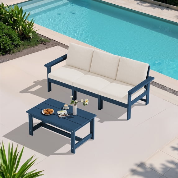 JUSTLET 2 Pieces HDPE Patio Furniture Set, Outdoor Patio Conversation Sets with Thick Cushion, 3-Seater Couch, 1 Coffee Table for Balcony, Backyard, Poolside,Porch, Navy Frame with Khaki Cushion
