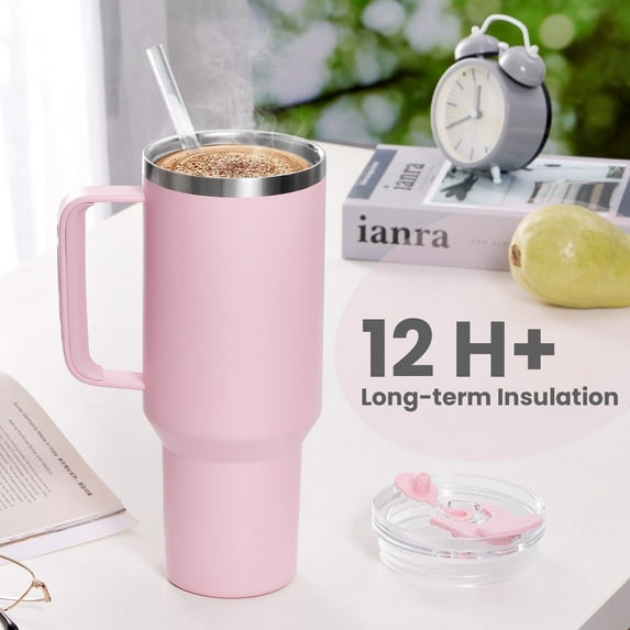 JUSTLET 40 oz Vacuum Insulated Stainless Steel Travel Mug, Tumbler with Handle & Straw, Blush