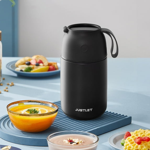 JUSTLET 24 oz Insulated Stainless Steel Food Jar, Thermos W/ Folding Spoon and Cup, Black