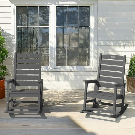 JUSTLET 2PC Outdoor Rocking Chair with Footrest, High Back HDPE Oversized Adirondack Slat Rocker for Patio,Garden,Lawn,Balcony, Gray