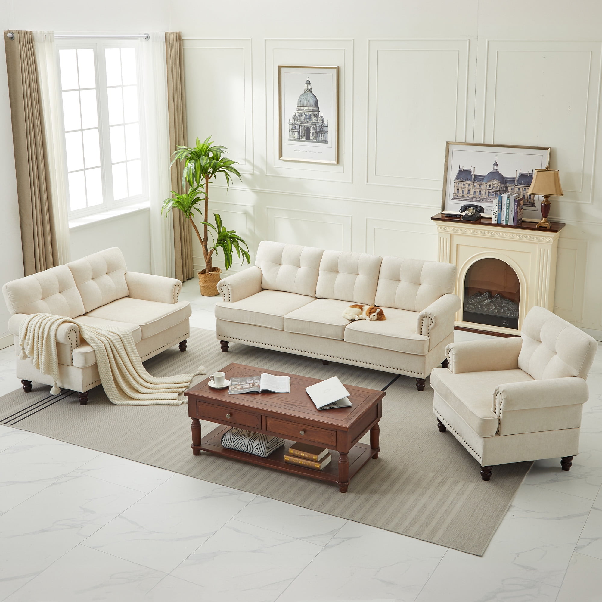 JUSTLET 3 Piece Living Room Sofa Set, Chenille Upholstered Sectional Sofa Couch with Nailhead Trim, Including 3-Seater Sofa, Loveseat and Single Sofa Chair for Apartment Living Room, Beige