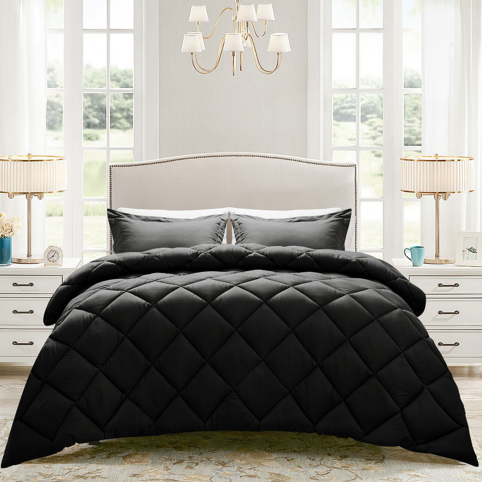 King Black Reversible Down Alternative Comforter Set with Fringe