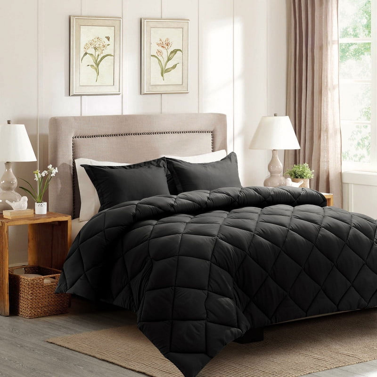 JUSTLET 3 Pieces Full Size Comforter Set, Bed in A Bag, Machine Washable Bedding Set, Black