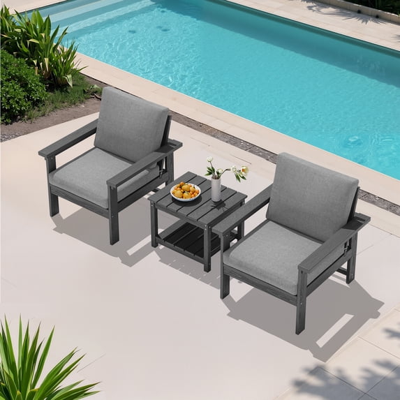 JUSTLET 3 Pieces HDPE Patio Furniture Set, Outdoor Patio Conversation Sets with Thick Cushion, 2 Armchair, 1 Side Table for Balcony, Backyard, Poolside, Porch, Grey Frame with Grey Cushion