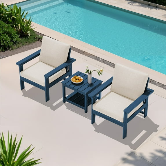 JUSTLET 3 Pieces HDPE Patio Furniture Set, Outdoor Patio Conversation Sets with Thick Cushion, 2 Armchair, 1 Side Table for Balcony, Backyard, Poolside, Porch, Navy Frame with Khaki Cushion