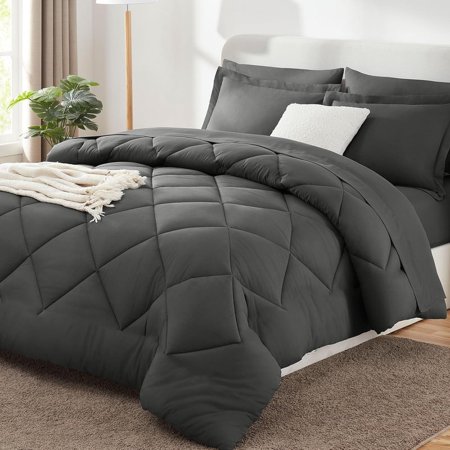 JUSTLET 3 Pieces King Size Comforter Set, Bed in a Bag, Machine Washable Bedding Set, Grey