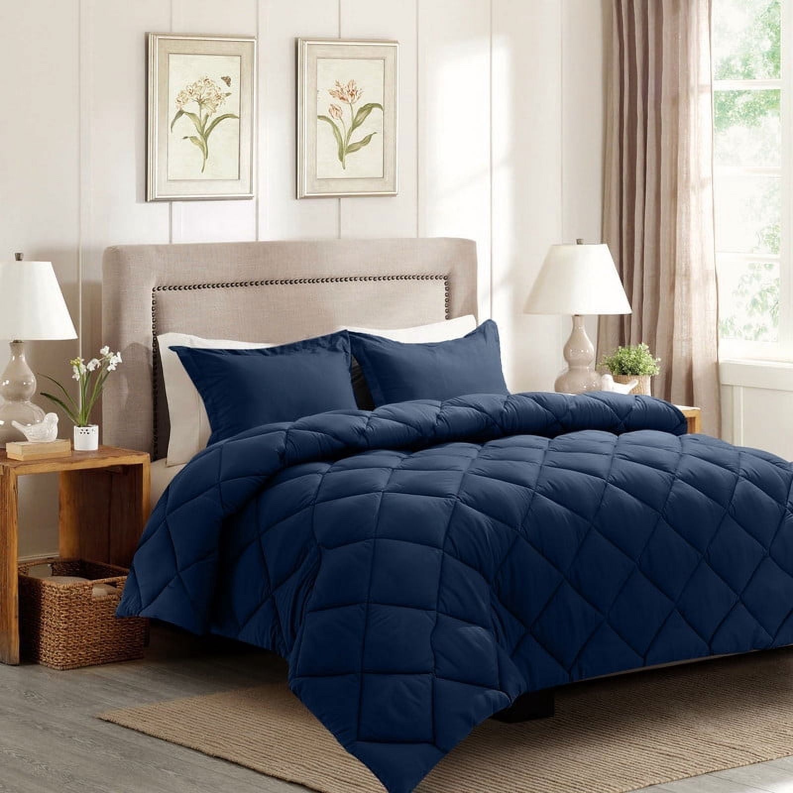 JUSTLET 3 Pieces Queen Comforter Set, Bed in A Bag, Machine Washable Bedding Set, Navy Blue
