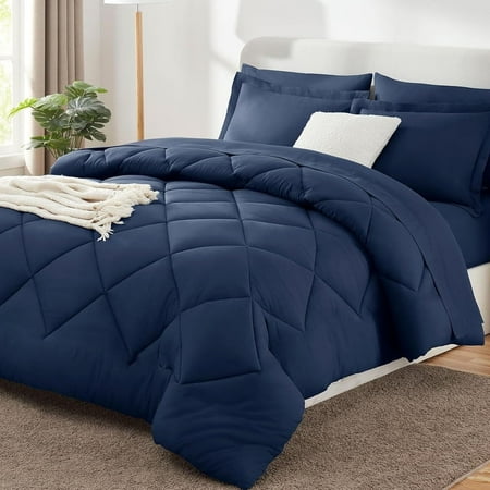JUSTLET 3 Pieces Queen Comforter Set, Bed in A Bag, Machine Washable Bedding Set, Navy Blue