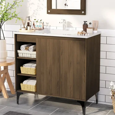 JUSTLET 36" Bathroom Vanity with Sink, Wood Bathroom Vanity Cabinet with Adjustable Shelf and Metal Legs, Bathroom Storage Cabinet with Resin Basin for Bathroom, Brown