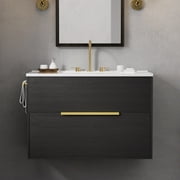 JUSTLET 36" Wall-Mounted Bathroom Vanity with Plastic-Steel Sink, Floating Bathroom Vanity with Towel Rack and Storage Drawers, Flip-Down Compartment, B, Dark Gray