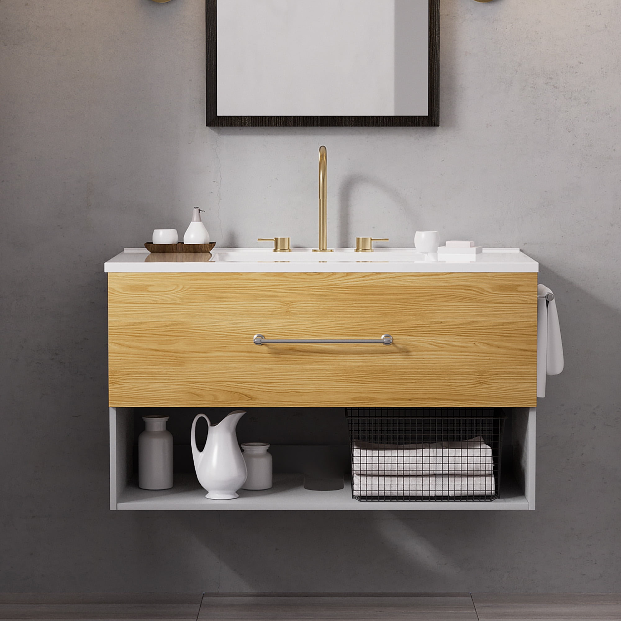 JUSTLET 36" Wall-Mounted Bathroom Vanity with Plastic-Steel Sink, Floating Bathroom Vanity with Towel Rack and Open Storage, A, Nature Wood