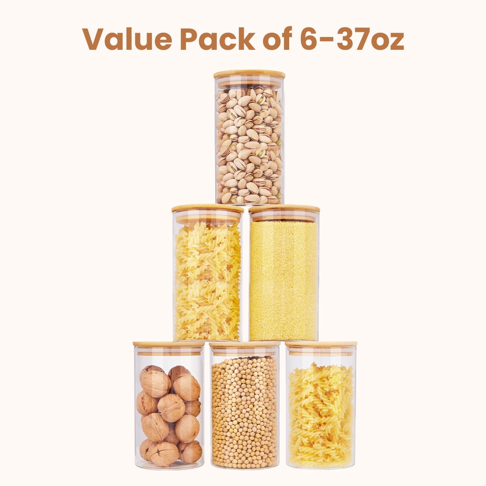 JUSTLET 37oz Glass Food Storage Jars for Nuts, Pasta, Flour with Airtight Bamboo Lids Set of 6, Glass Canisters for Kitchen & Pantry. - Walmart.com