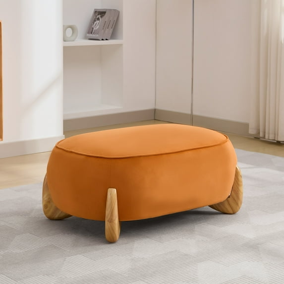 JUSTLET 38.58" Large Velvet Ottoman, Multifunctional Foot Stool with Wood Legs for Living Room, Bedroom Use as Bench, Side Table, Coffee Table, Footrest, Orange