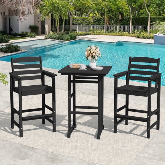 LOYALICE HDPE 3 Piece Outdoor Bar Table and Stools Set, Weatherproof High Patio Bistro Set with Wide Armrest Bar Chairs & Round Corner Table for Garden, Poolside & Balcony, Black