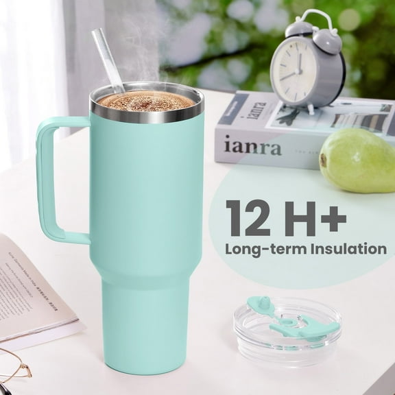 JUSTLET 40 oz Vacuum Insulated Stainless Steel Travel Mug, Tumbler with Handle & Straw, Seafoam