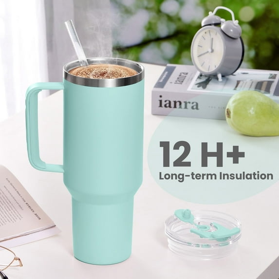 JUSTLET 40 oz Vacuum Insulated Stainless Steel Travel Mug, Tumbler with Handle & Straw, Seafoam
