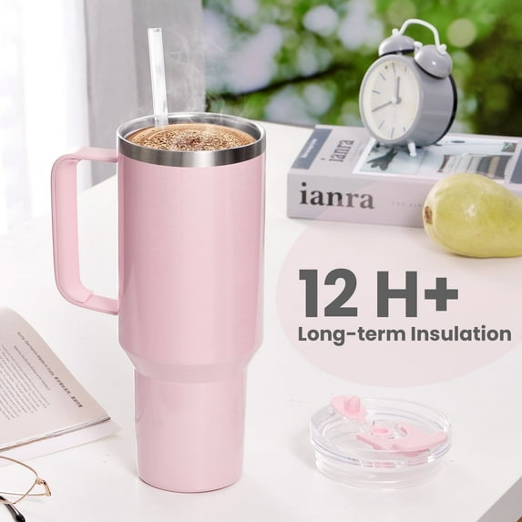 JUSTLET 40 oz Vacuum Insulated Stainless Steel Travel Mug, Tumbler with Handle & Straw, Shimmer Blush