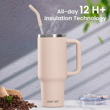 JUSTLET 40 oz Vacuum Insulated Stainless Steel Travel Mug, Tumbler with Handle and Straw, Cupholder Friendly & Easy to Clean (Rose Pink)
