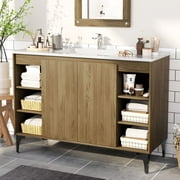JUSTLET 48" Bathroom Vanity with Sink, Wood Bathroom Vanity Cabinet with Adjustable Shelf and Metal Legs, Bathroom Storage Cabinet with Resin Basin for Bathroom, Natural