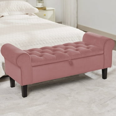 JUSTLET 48" Large Storage Ottoman with Rolled Arm, End of Bed Bench for Bedroom Upholstered Window Sitting Bench for Living Room Entryway, Pink