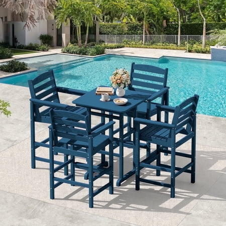 LOYALICE 5 Piece Outdoor Bar Table and Chairs Set, HDPE Patio Bar Height Dining Set with 4 Armchairs, Weather Resistant Outdoor Furniture with Wood Grain Design for Patio, Garden, Poolside,Navy Blue