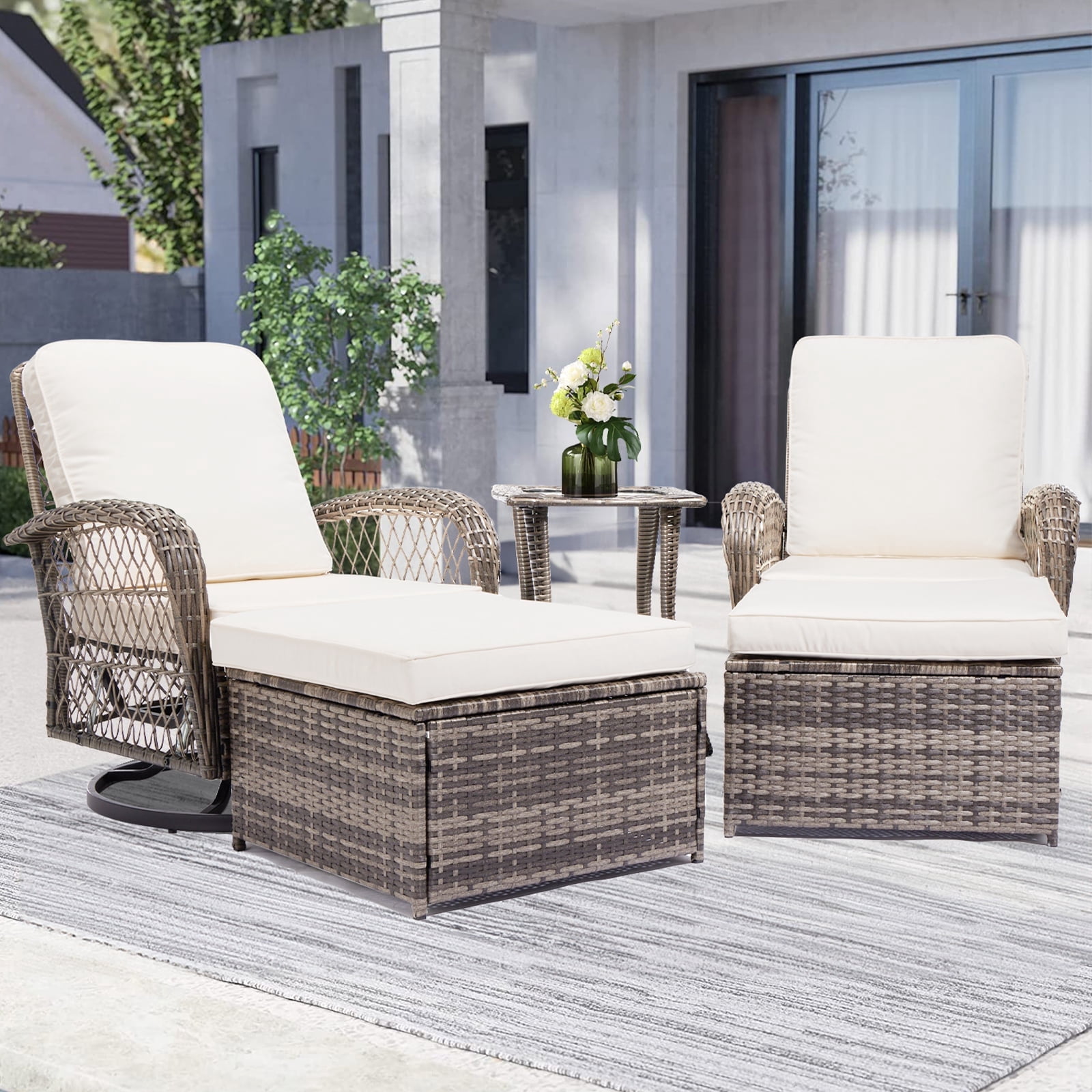 JUSTLET 5-Piece Wicker Patio Set, Swivel Rocking Chairs with Ottomans ...