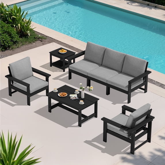 JUSTLET 5 Pieces HDPE Patio Furniture Set,Outdoor Patio Conversation Sets with Thick Cushion,3-Seater Couch,2 Armchair,1 Side Table,1 Coffee Table for Balcony,Backyard,Black Frame with Grey Cushion