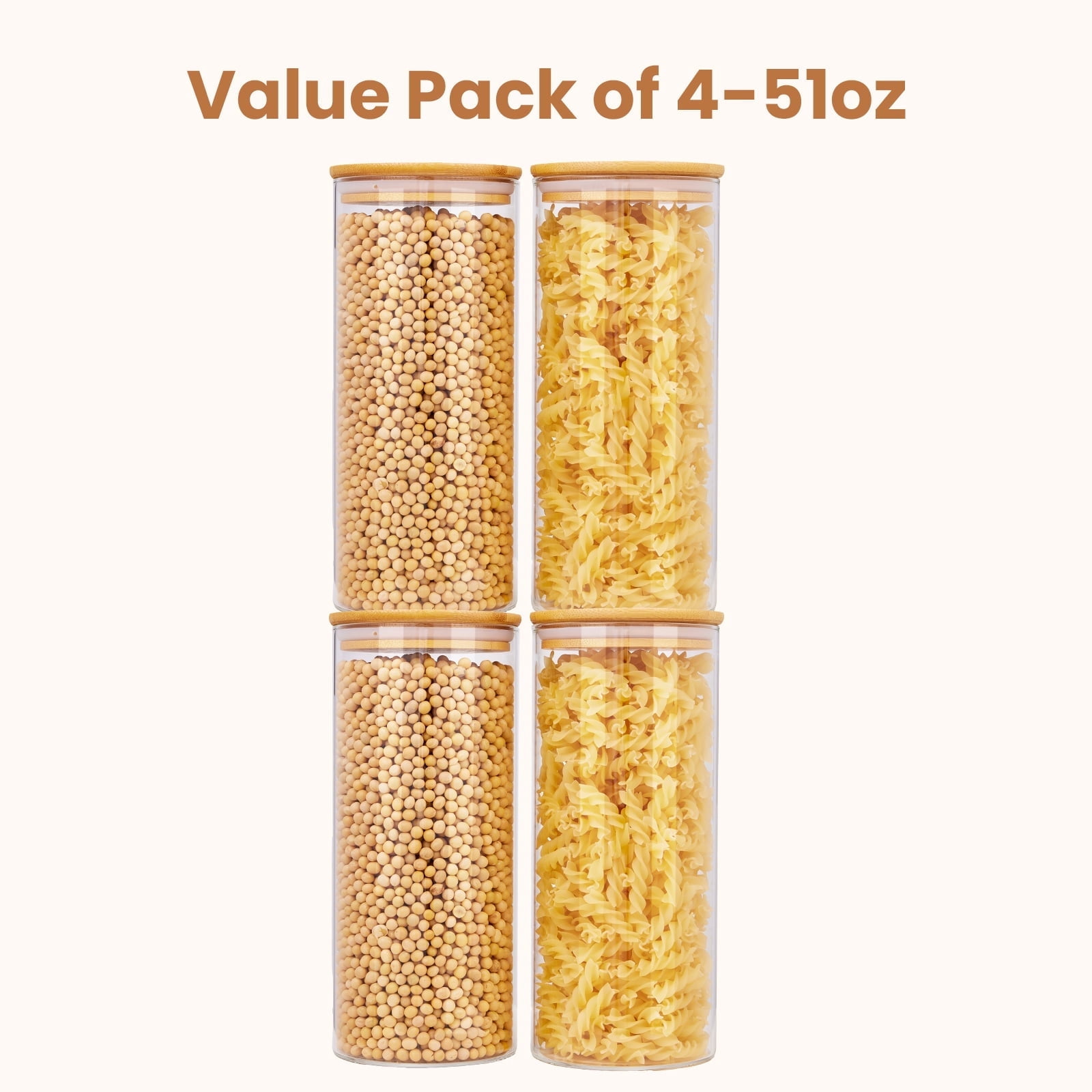 JUSTLET 51oz Glass Food Storage Jars for Nuts, Pasta, Flour with Airtight Bamboo Lids Set of 4, Glass Canisters for Kitchen & Pantry. - Walmart.com