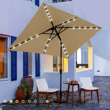 JUSTLET 6.5' x 10' Outdoor Rectangular Patio Solar Umbrella w/ LED Lights, Beige
