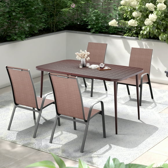 JUSTLET 6-Person Outdoor Rectangular Heavy-Duty Metal Dining Table, Waterproof, Sunproof, Rust-Resistant, All-Weather Patio Dining Table for Backyard, Garden, Deck, and Porch –Brown