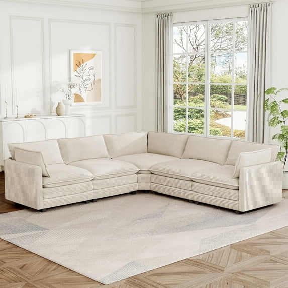 JUSTLET Modular Sectional Sofa, 117'' Corduroy Couch with 4 Pillows, Oversized Upholstered Sofa for Bedroom Living Reading Room Office, Beige