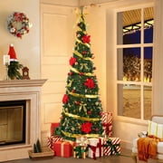 JUSTLET 6FT Artificial Christmas Tree, Holly Leaf Tree with Christmas Balls, Flowers, bowknots and 200 Lights Ornaments, Multicolor