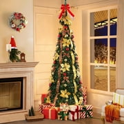 JUSTLET 6FT Pop-up Artificial Christmas Tree, Holly Leaf Design with Red Bow, Gold Flower Accents, Red & Gold Ribbon Decorations, 200 Multicolor LED Lights, Easy Setup Xmas Tree, Green