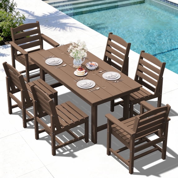 LOYALICE 7 PC Outdoor Patio Furniture Set, Patio Dining Sets, 6 Chairs and 1 Table, Brown