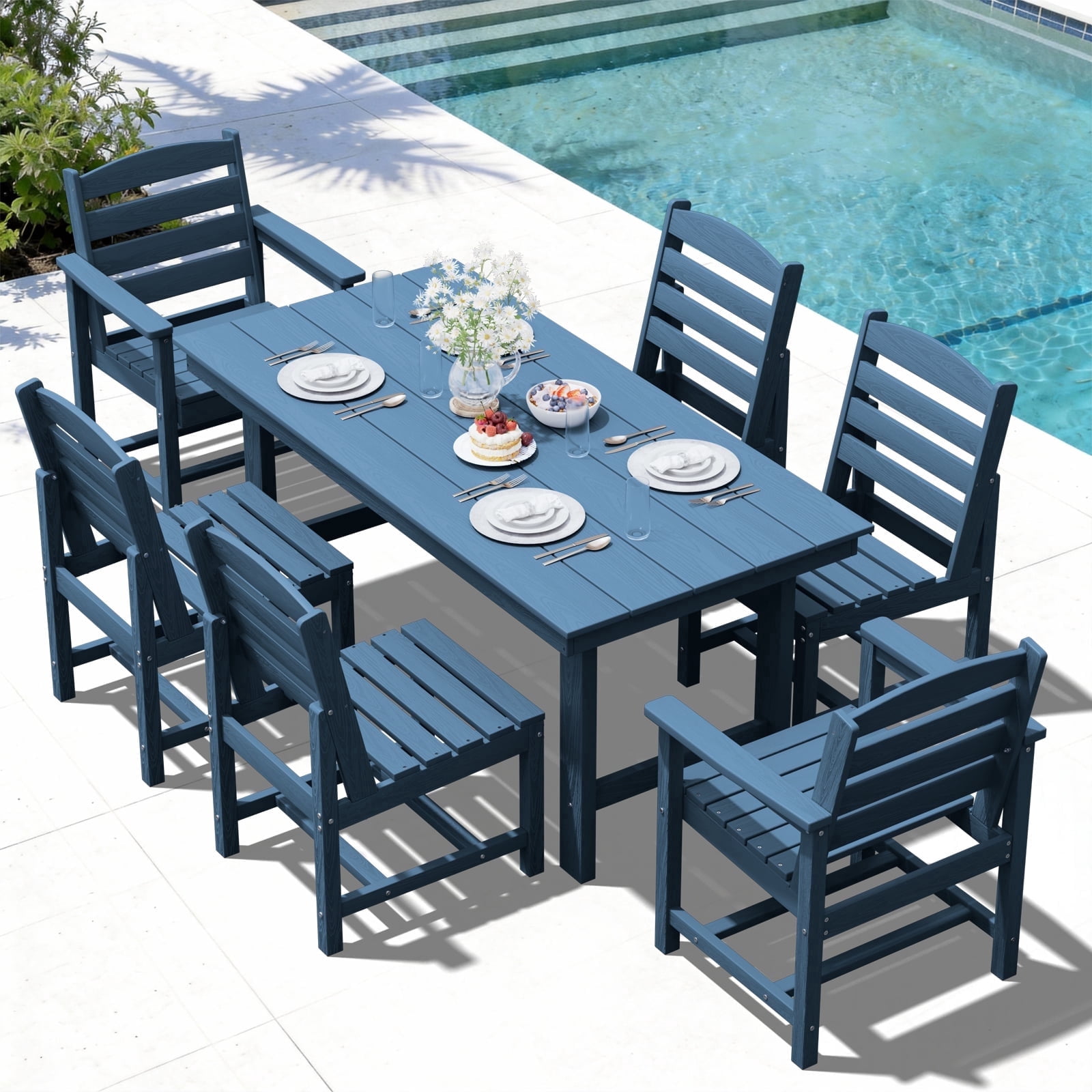 LOYALICE 7 PC Outdoor Patio Furniture Set, Patio Dining Sets, 6 Chairs and 1 Table, Navy Blue