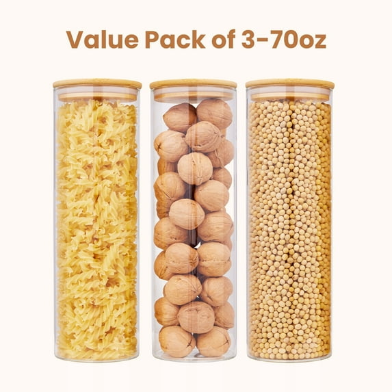 JUSTLET 70oz Glass Food Storage Jars for Nuts, Pasta, Flour with Airtight Bamboo Lids Set of 3, Glass Canisters for Kitchen & Pantry.