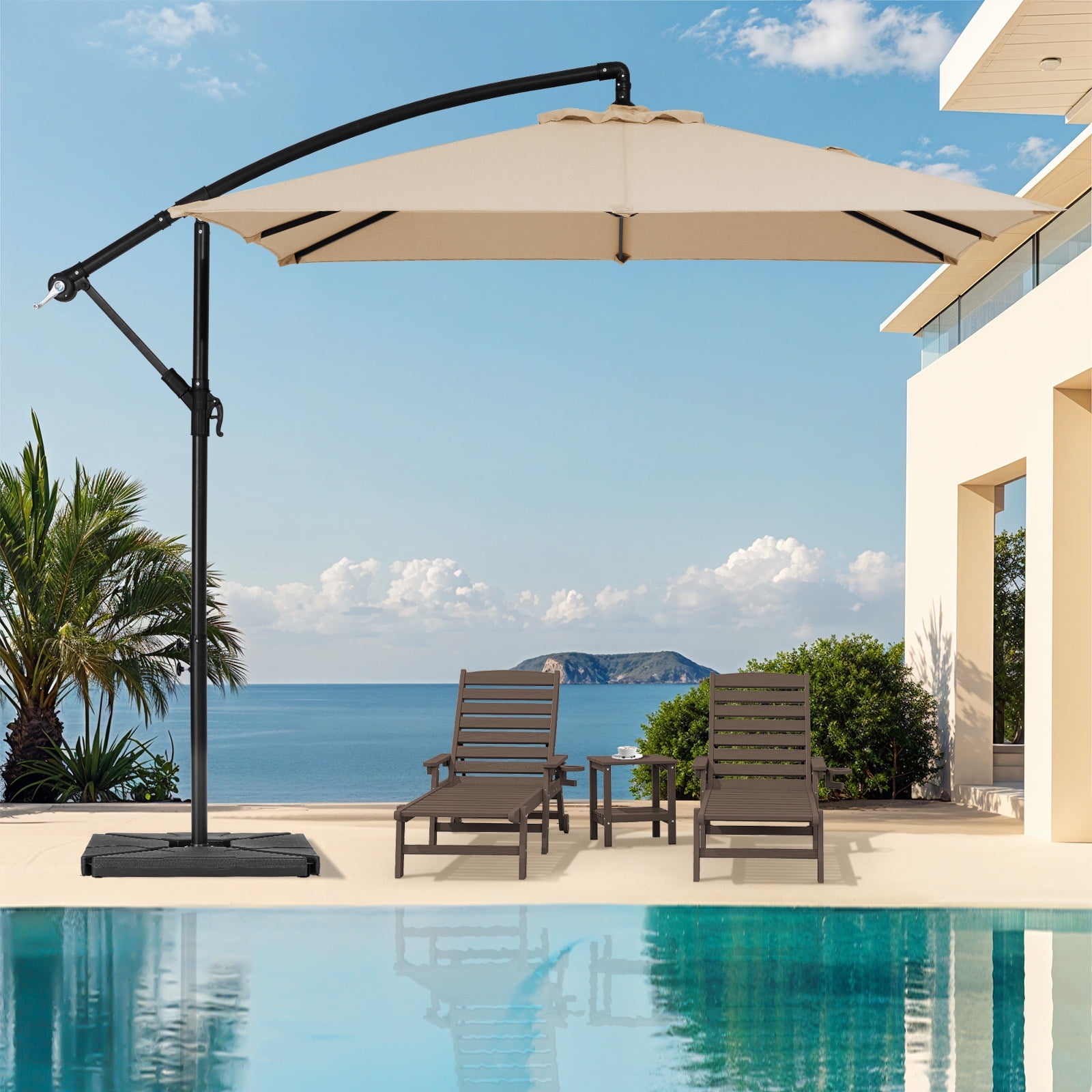 JUSTLET Large 8x8 ft Cantilever Patio Umbrella, Heavy Duty Outdoor Lawn Shade for Garden, 100 lbs Base Included, Beige