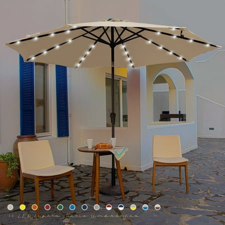 JUSTLET 9' Outdoor Patio Market Solar Umbrella w/ LED Lights, Beige
