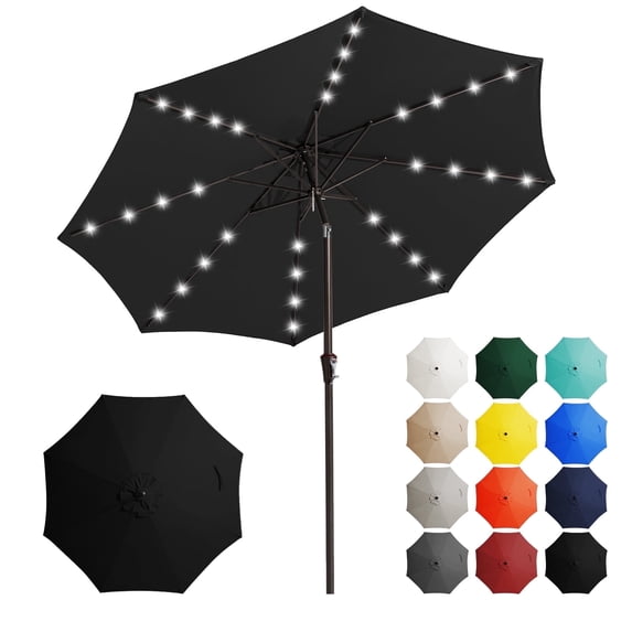 JUSTLET 9' Outdoor Patio Market Solar Umbrella w/ LED Lights, Black